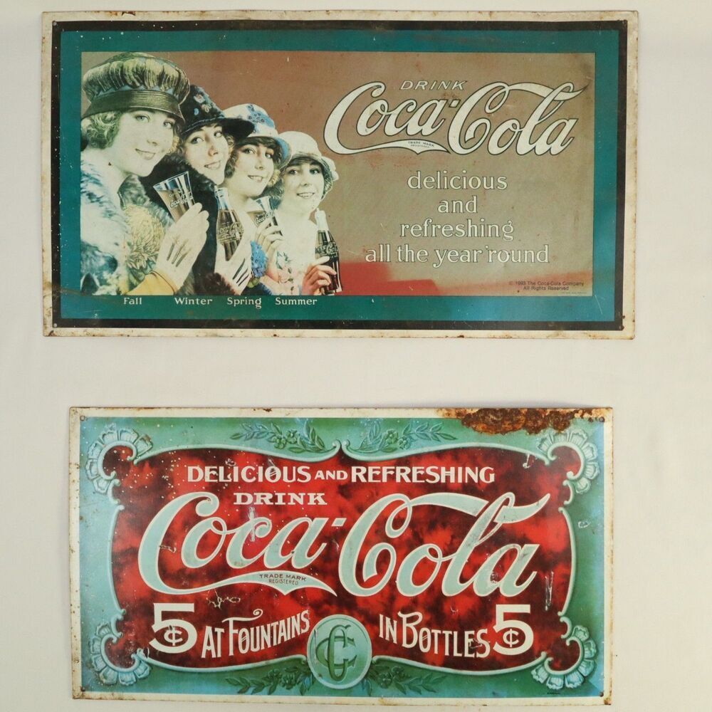Coca Cola 5 cent & 1993 Season Metal Signs Vintage approx 18"x 10" set of 2